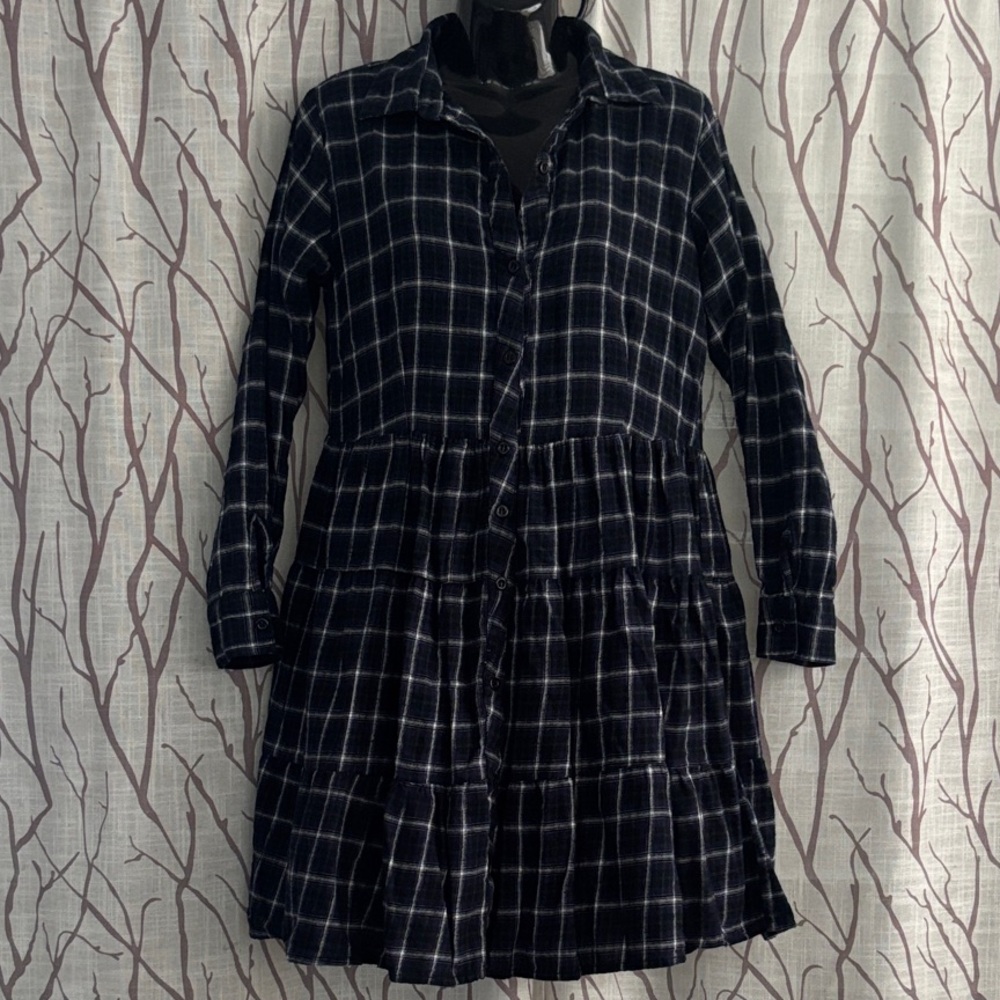 Elegant Plaid Long Sleeve Dress - Size Small - 100% Cotton